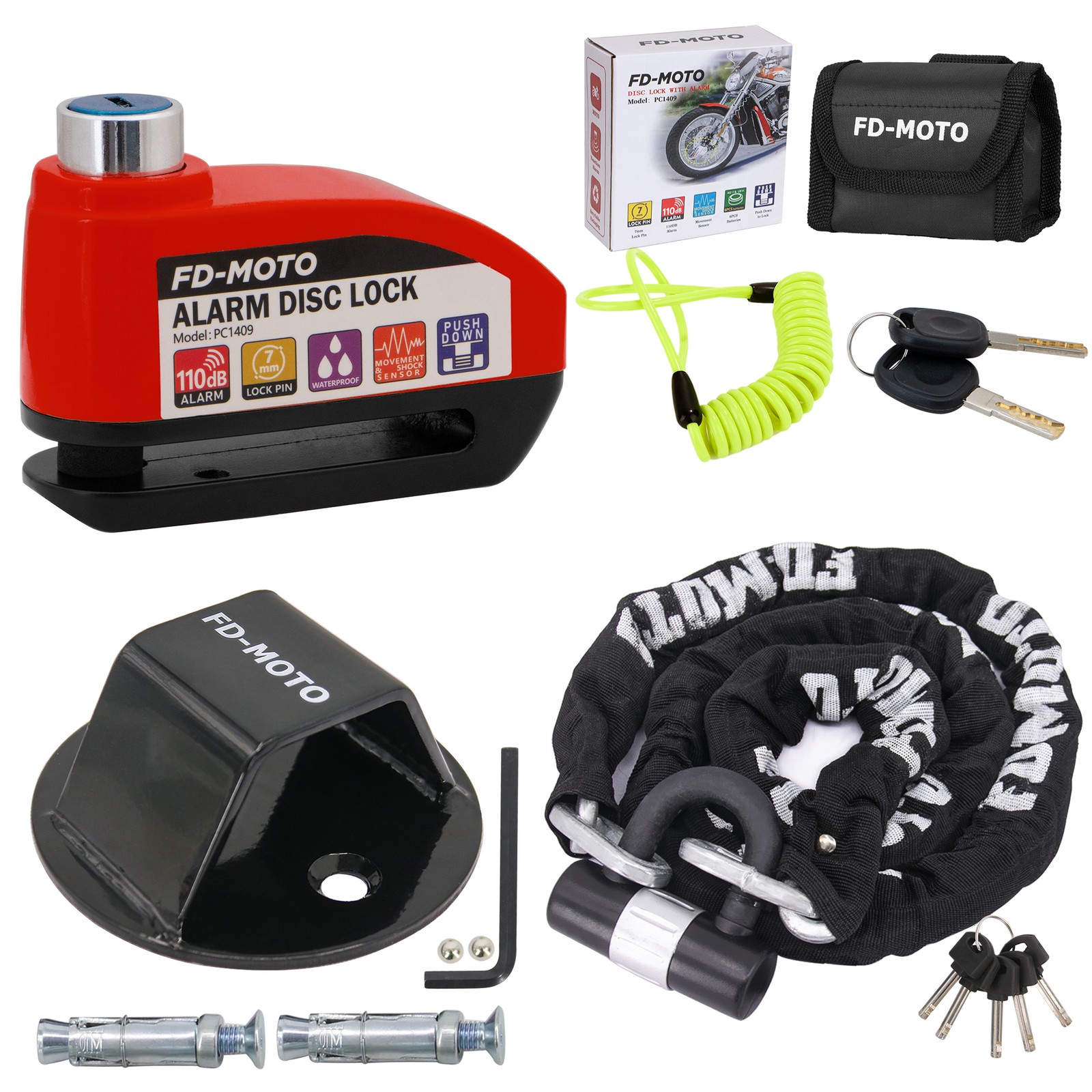 FD-MOTO 1.8M*10mm Motocycle Chain Lock CE&UKCA Alarm Lock & Ground Lock & Cable