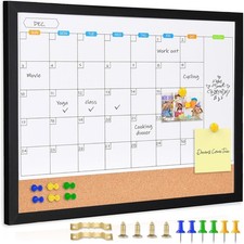 17x13'' Magnetic Whiteboard Calendar w/ Cork Board Black Wood Frame Wall Planner