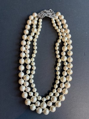 Stella & Dot 3-Strand Faux Pearl Rhinestone Statement Necklace Art Deco Clasp