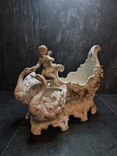 Beautiful Antique Porcelain Cherub /Swans Pulling Chariot Figurine