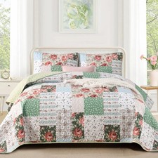 3 Pieces Green Patchwork Quilt Set Queen Size, Bohemian Red Flower Green Plai...