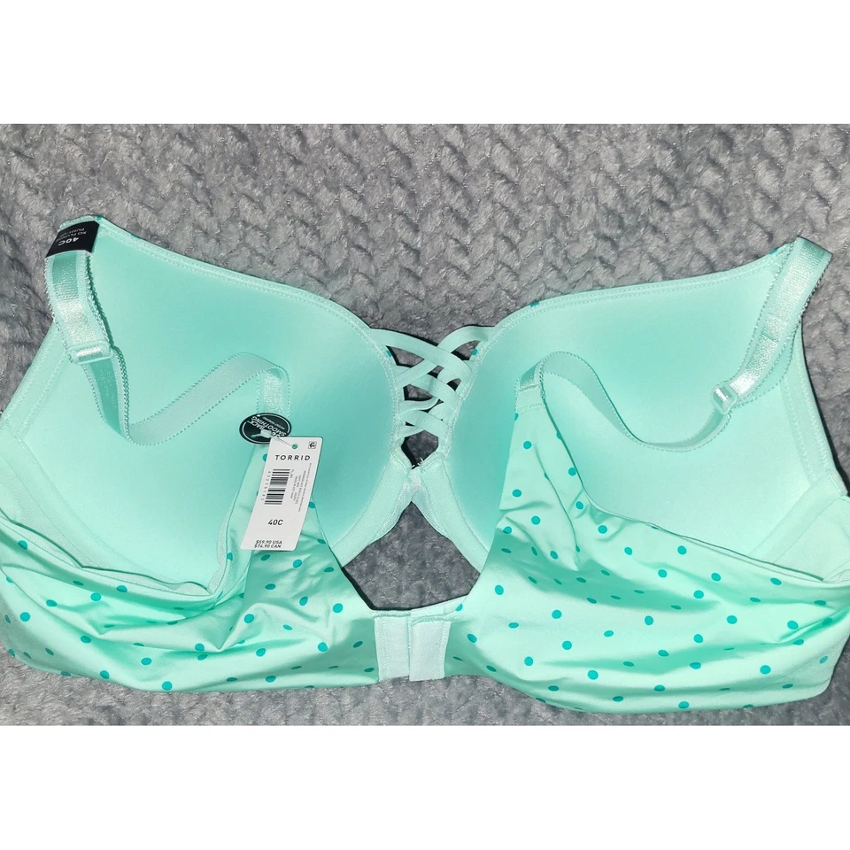 Torrid 40C Push Up Bra Teal Blue Polka Dot Lace Up Back Plunge Style - Image 2 of 4