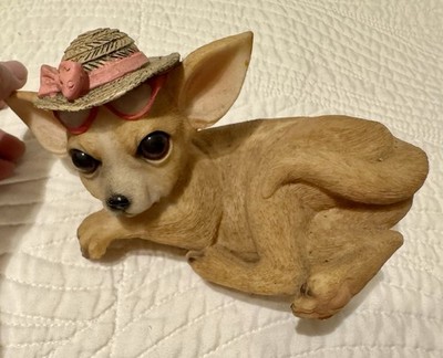 Chihuahua Dog Figurine Lying Down with Straw Hat, Pink Bow and Pink Glasses