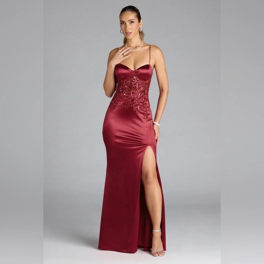 Lola High Slit Satin Dress Windsor Laina High Slit Satin Midi Dress