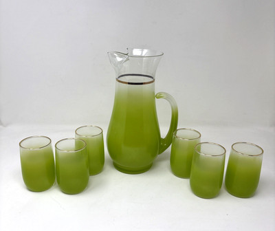 Vintage MCM Blendo Pitcher & 6 Glass Juice Set Frosted West Virginia Glass FLAWS