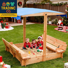 48''X48'' Kids Sandbox with Lid, Wooden Sand Box with Foldable Bench Seats, Retr