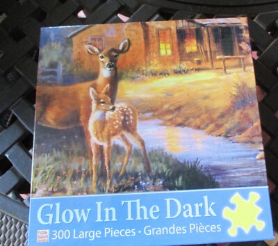 300 Piece GLOW in the Dark M.Caroselli Art  Puzzle ''Deer by the Cabin''  18x24