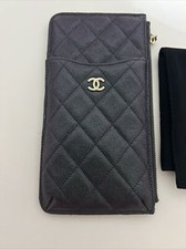Chanel Black Caviar O-Case Phone Holder Pouch Wallet with Champagne Gold