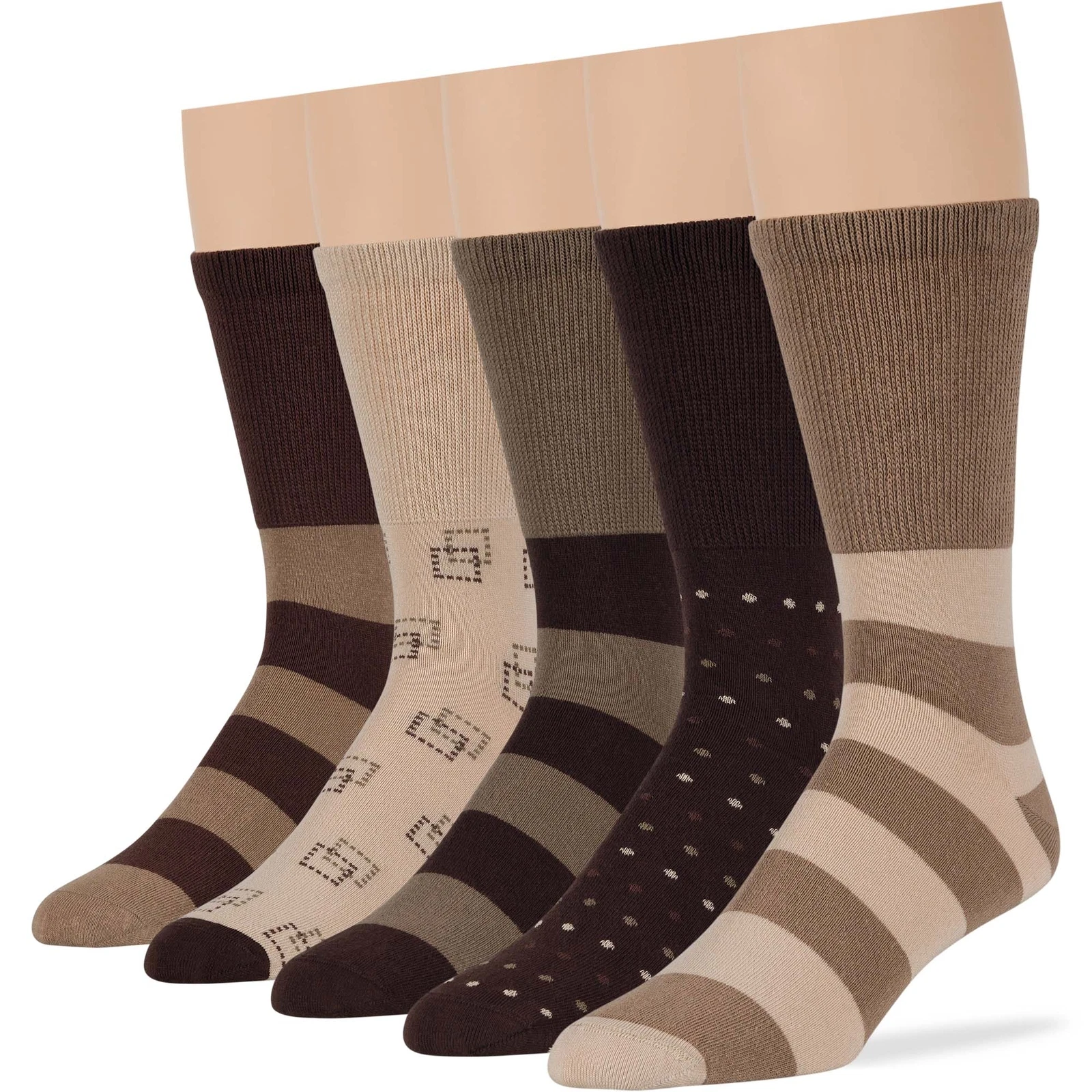 Men Extra Wide Cotton Crew Soft Socks 5 Pack Large-Stripe Dot-Brown Beige Khaki