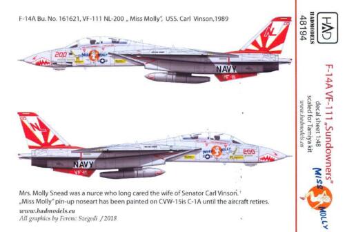 Hungarian Aero Decals 1/48 GRUMMAN F-14A TOMCAT "MISS MOLLY" VF-111 "SUNDOWNERS" - Imagen 1 de 4