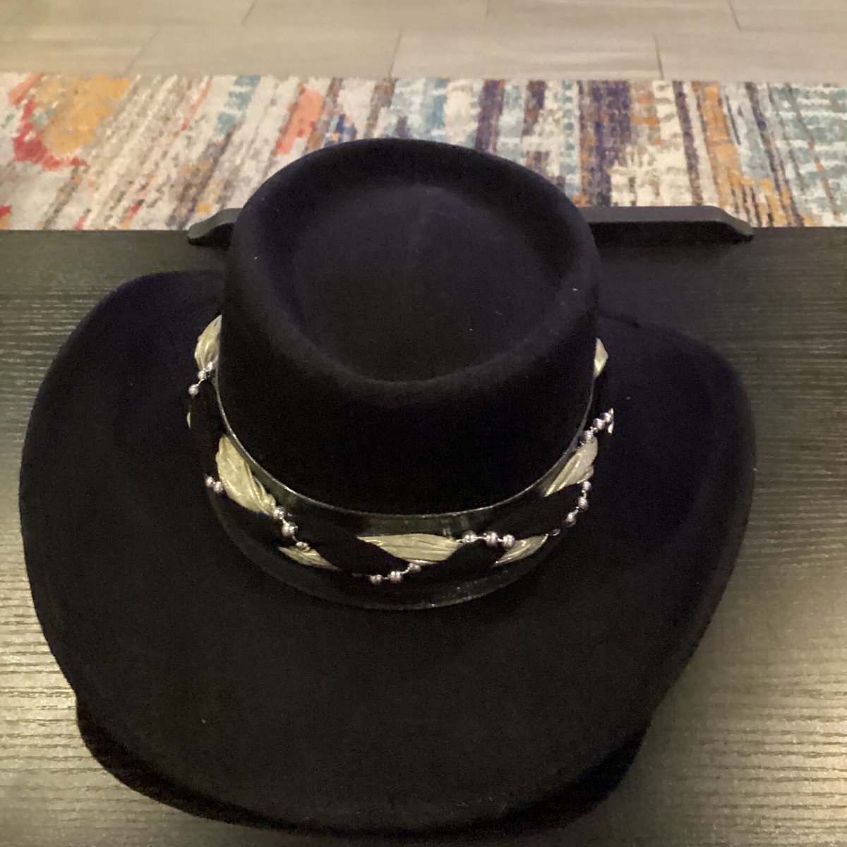 Camelia Calidad Mexico Black Wool Womens Hat Silver Braided Band Fabric Flower Engraved Floral Cowboy Hat – Camelia Mexican Boutique main image 4