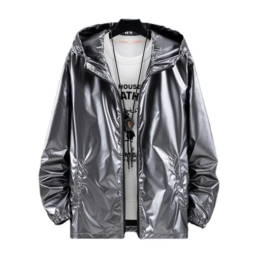 Herren glänzende Jacke Kapuze Mantel holografisch Harajuku Mode Top Freizeit - Bild 14 von 23