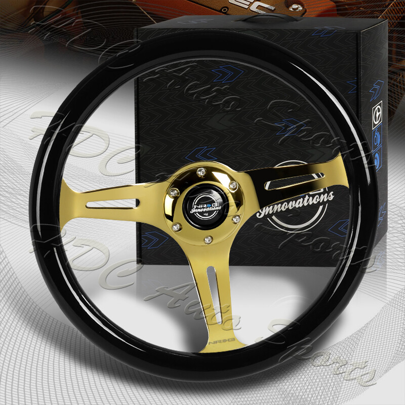 NRG 350MM Black Classic Wood Grip Chrome Gold Spokes Steering Wheel ST-015CG-BK