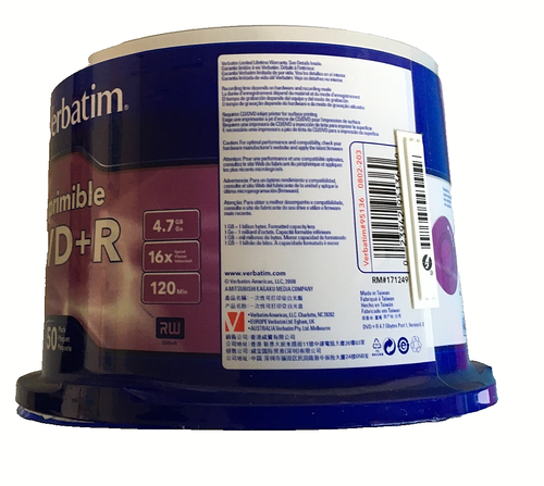 VERBATIM 50 SPINDLE./ DVD-R WHITE INJET PRINTABLE/ 4.7gb 16x speed, 120 mns - Picture 3 of 3