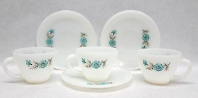 Vintage Fire King Cup & Saucer Set of 3 Bonnie Blue Milk Glass Corn Flowers