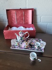 Vintage Royal Elfreda Mini Porcelain China Tea Set Pink Floral Black Box READ