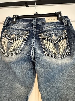 Miss Me Women's Blue Medium Wash Skinny Jeans Embroidered Logo Flap Pockets