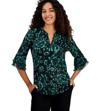 Kasper Floral Print Split Neck Bell Sleeve Blouse Size Large NWT