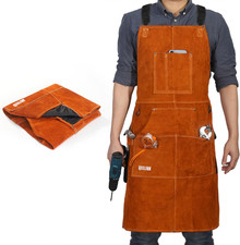 Qeelink Leather Welding Work Apron with 6 Tool Pockets, Heat Flame Resistant W