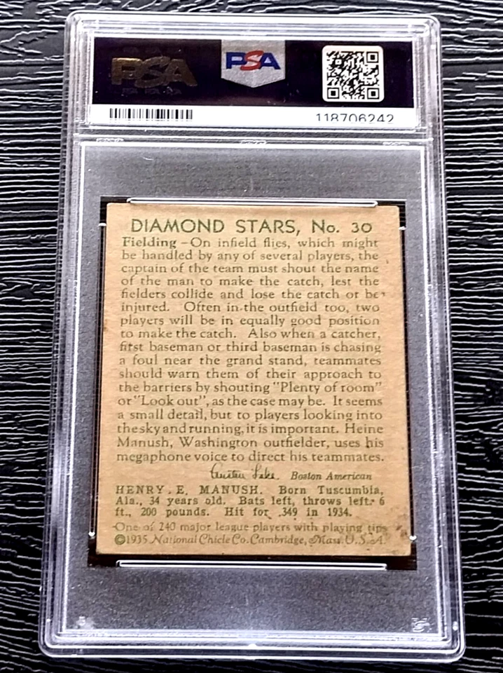 Tarjeta de béisbol Diamond Stars Heinie Manush 1935 con funda #30 PSA 3 en muy buena condición Foto 3 de 4
