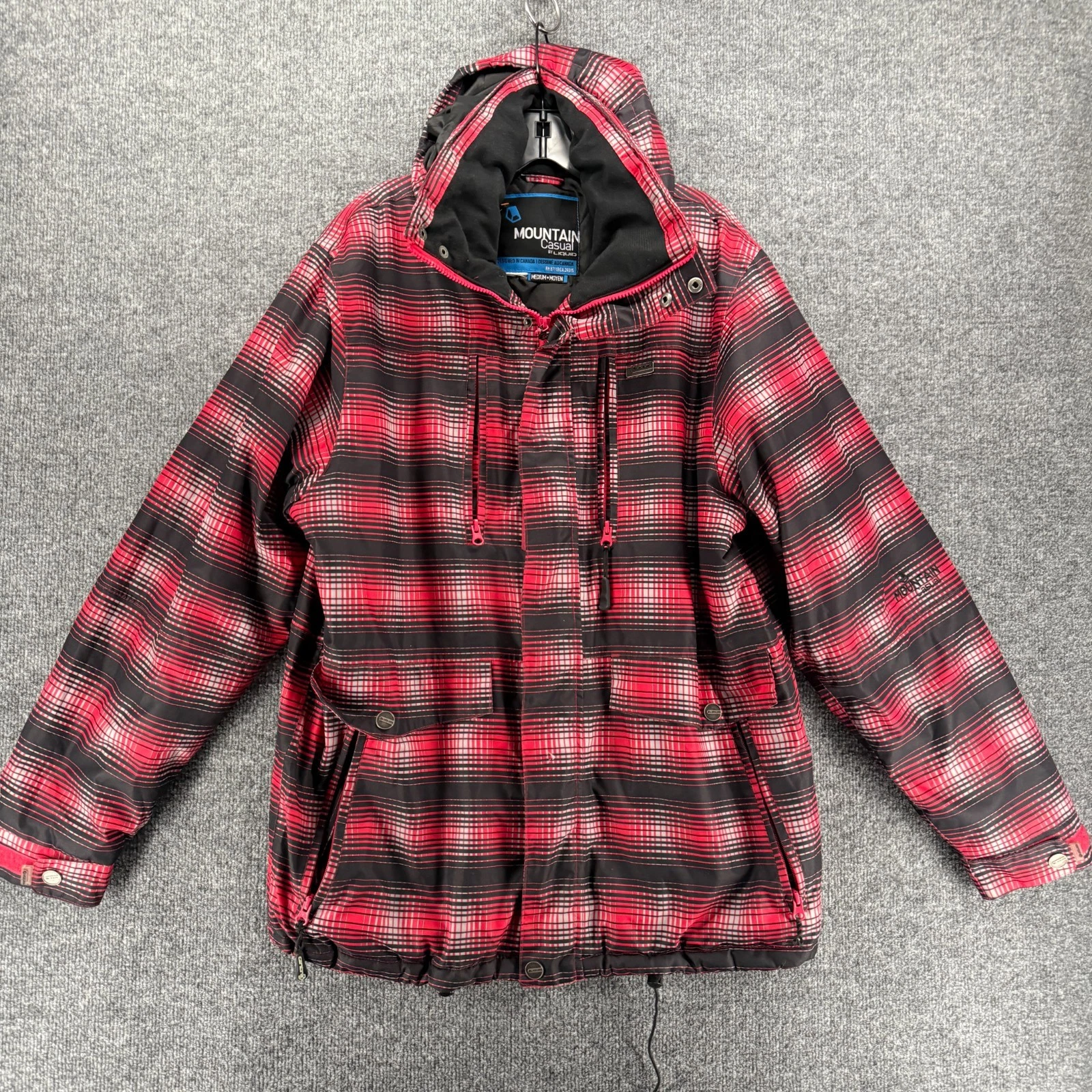 Liquid Mountain Casual Mens Medium Snowboard Ski Hooded Jacket Black Red Plaid