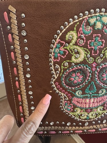Montana West Sugar Skull Purse Brown Faux Leather Embroidered Shoulder Bag - Picture 5 of 16