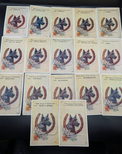 17 Vintage Novelty Fold Out Scottish Terrier WITH HEAPS OF LUCK Postcards