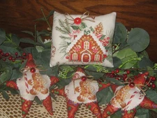 Red Christmas Farmhouse Gingerbread House Fabric Sitter  3 Stars Wreath Accents