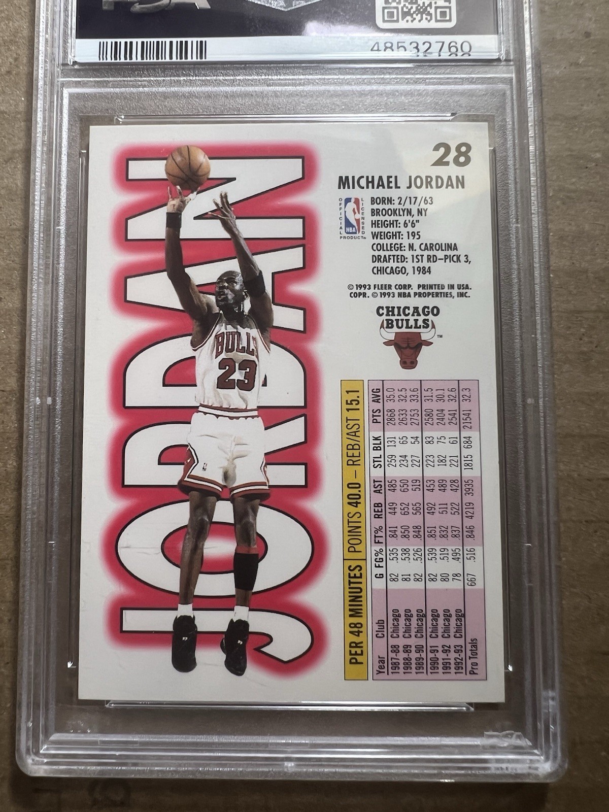 1993 Fleer #28 Michael Jordan Chicago Bulls HOF GOAT Graded PSA 8 NM-MT view 3