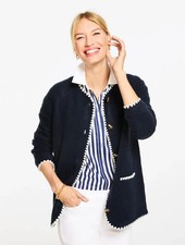 Crewneck Cardigan at Talbots, NWT 139, color INDIGO/IVORY, have all size