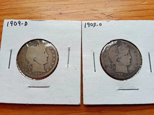 Lot of 2 Barber Silver Quarters: 1903-O and 1909-D - 90% Silver US Coins