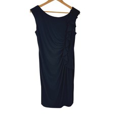 Black Sleeveless Ruffle Front Ruched Sheath Cocktail Dress LBD 12 Petite