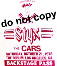 Styx + Cars backstage pass. Los Angeles Forum, CA&nbsp;&nbsp;10/21/78.&nbsp;&nbsp;&nbsp;&nbsp;