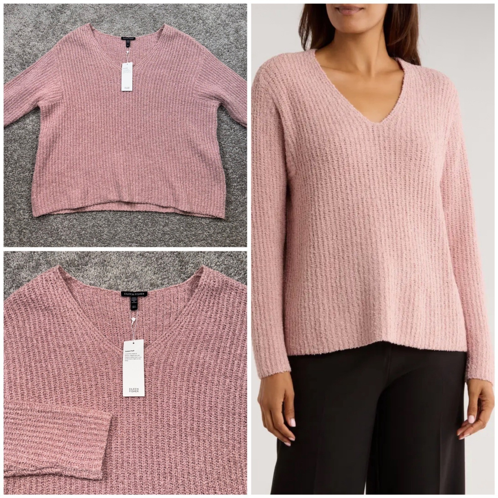 Eileen Fisher Organic Cotton Cashmere Fluff V-Neck Boxy Sweater Opal Large NEW