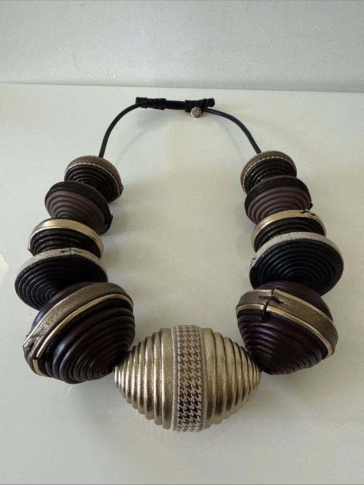 Giulia Boccafogli Chunky Leather Statement Necklace, Black/Gold/Brown - Image 3 of 4