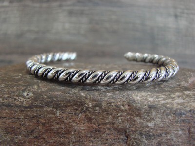 Native American Navajo Indian 3/16'' Twisted Sterling Silver Bracelet by Tahe