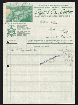 Rechnung Leiben /N.-Oe. 1936, Geyer & Co., Schafwollspinnerei, Fabrik aus der V 
