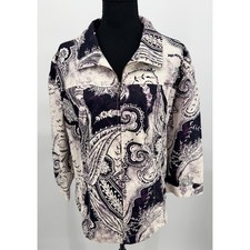 Chico's Paisley Zip Up Jacket Womens Size 3 Purple White Good 3/4 Sleeve Boho