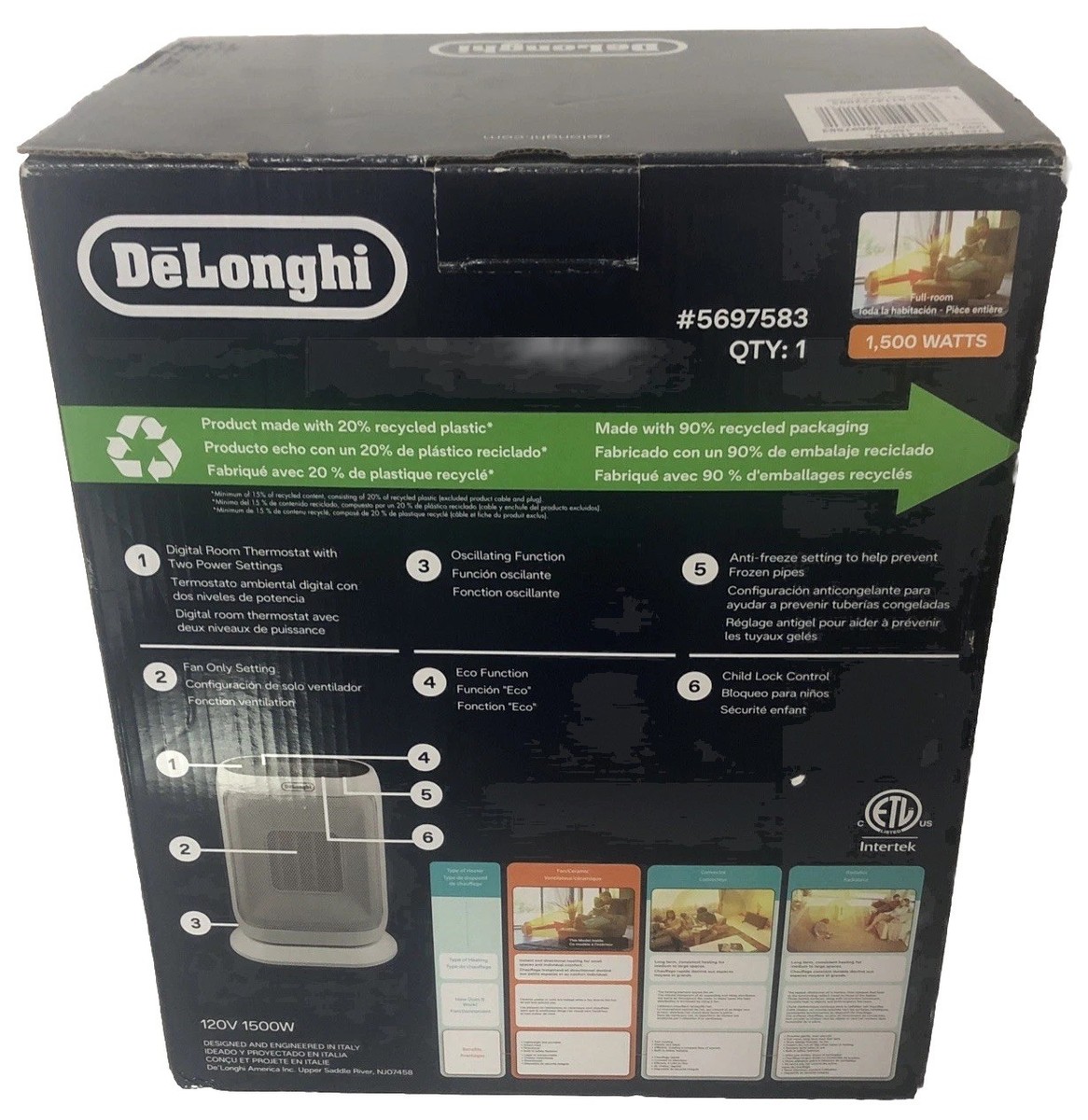 DeLonghi Ceramic Heater 1500W Personal Space Heater Oscillating
