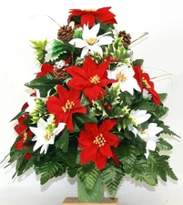 XL Handcrafted Red and White Poinsettia Cemetery Vase Arrangement