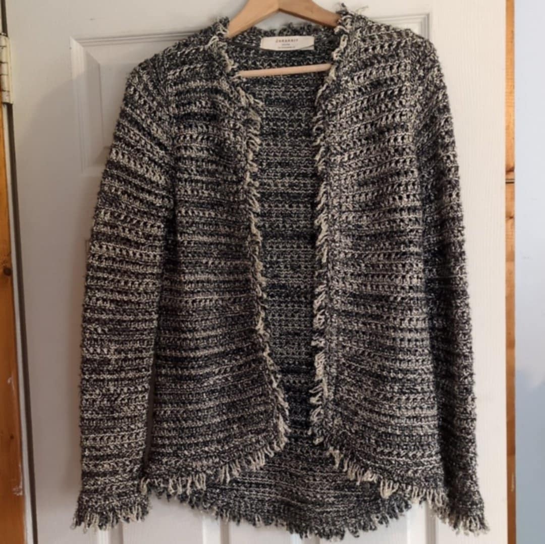 Zara Knit Metallic Sz Med Womens Cardigan Sweater Crochet Fringe Wool Bohemian