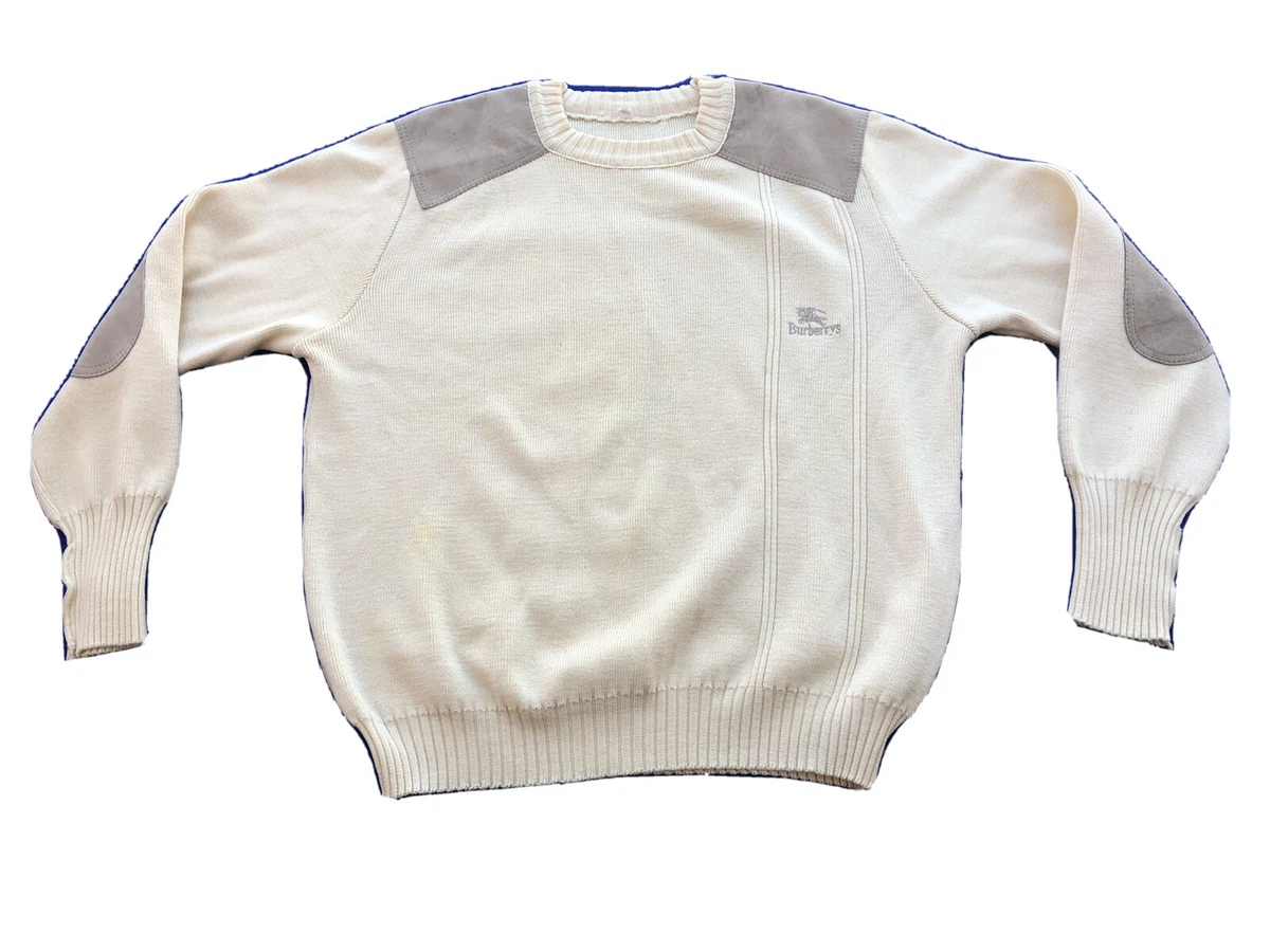 Vintage Burberrys Men s Cream 100 Wool Sweater Suede Elbow Patches Size 47 A8