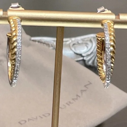 David Yurman 18k Yellow White Gold X Crossover Hoop Diamond Earrings 1 3/8" Long