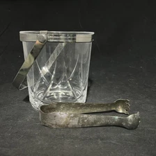 Vintage Cut Crystal Ice Bucket w/ Stainless Steel Handle and Tongs 5.25”