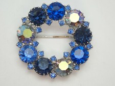 Vintage Shade Of Blue  AB Rhinestones Circle Wreath Silver Tone Pin Brooch