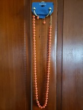 Mocha Orange Beaded Necklace Pierced Earrings Set Goldtone Wood Bead Jewelry NWT