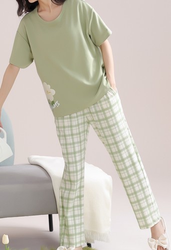 Baumwolle Pyjama Set 3-tlg. Top mit integriertem BH abnehmbares Pad lang Schlafanzug Hose Shorts - Bild 7 von 10