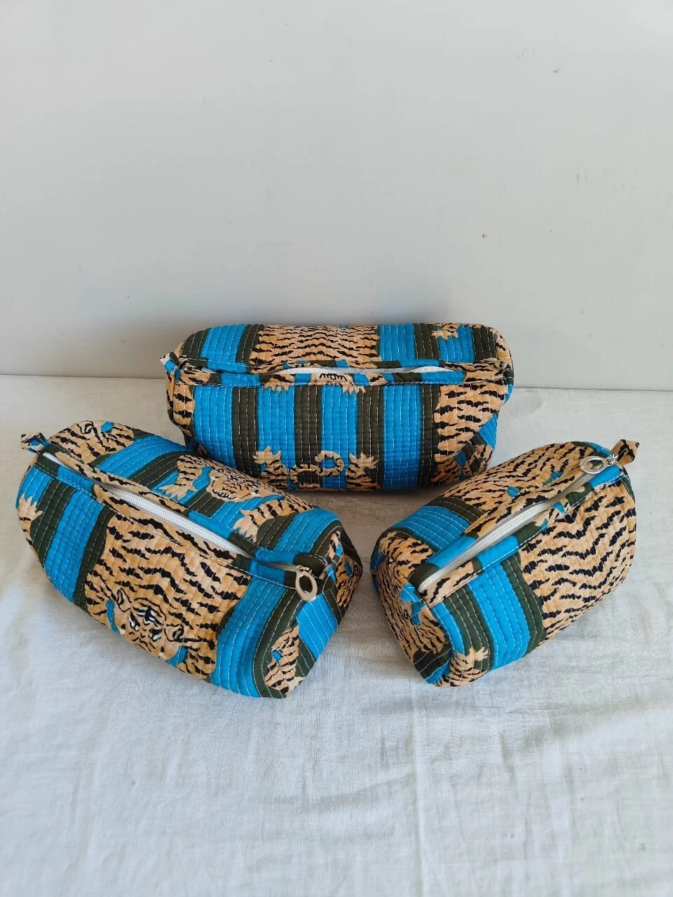 Set Of 3 Cotton Quilted Makeup Bag & Organizer, Cotton Toiletry Case, Makeup Bag