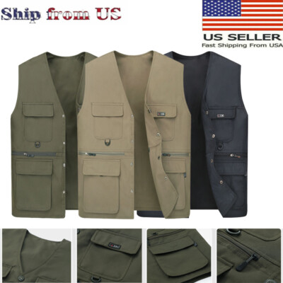 Mens Vest Fishing Vest Work Safari Travel Cargo Multi Pockets Waistcoat Jacket