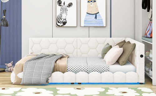 Upholstered Full Size platform bed with USB Ports and LED belt, White - Picture 7 of 12